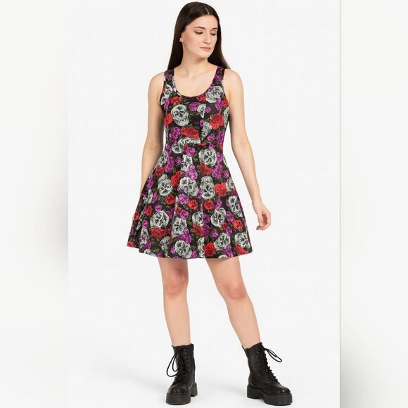 Skulls Roses Goth Punk Emo Sleeveless Stretch Scoop Neck Dress S Purple Black - Picture 1 of 6